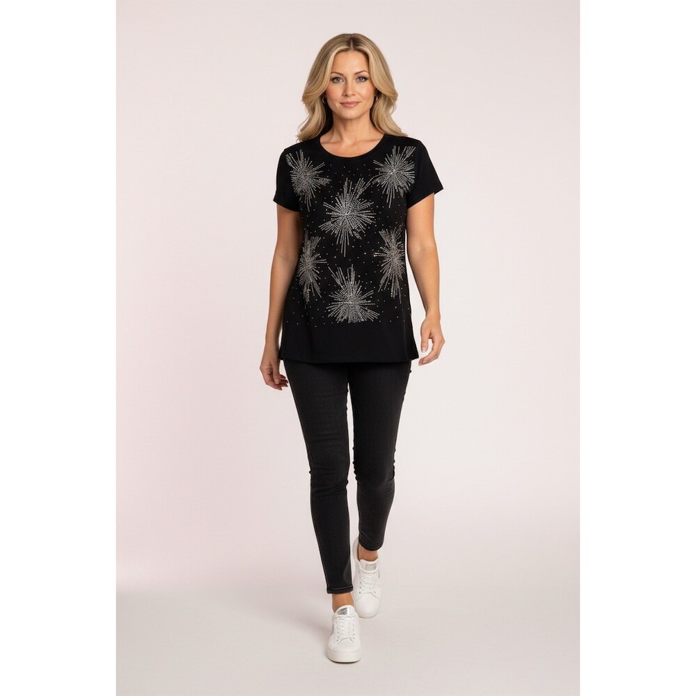 Fireworks tee Womens Black Rhinestone 4th of July Graphic Tee Shirt Size L  XL - Picture 2 of 5